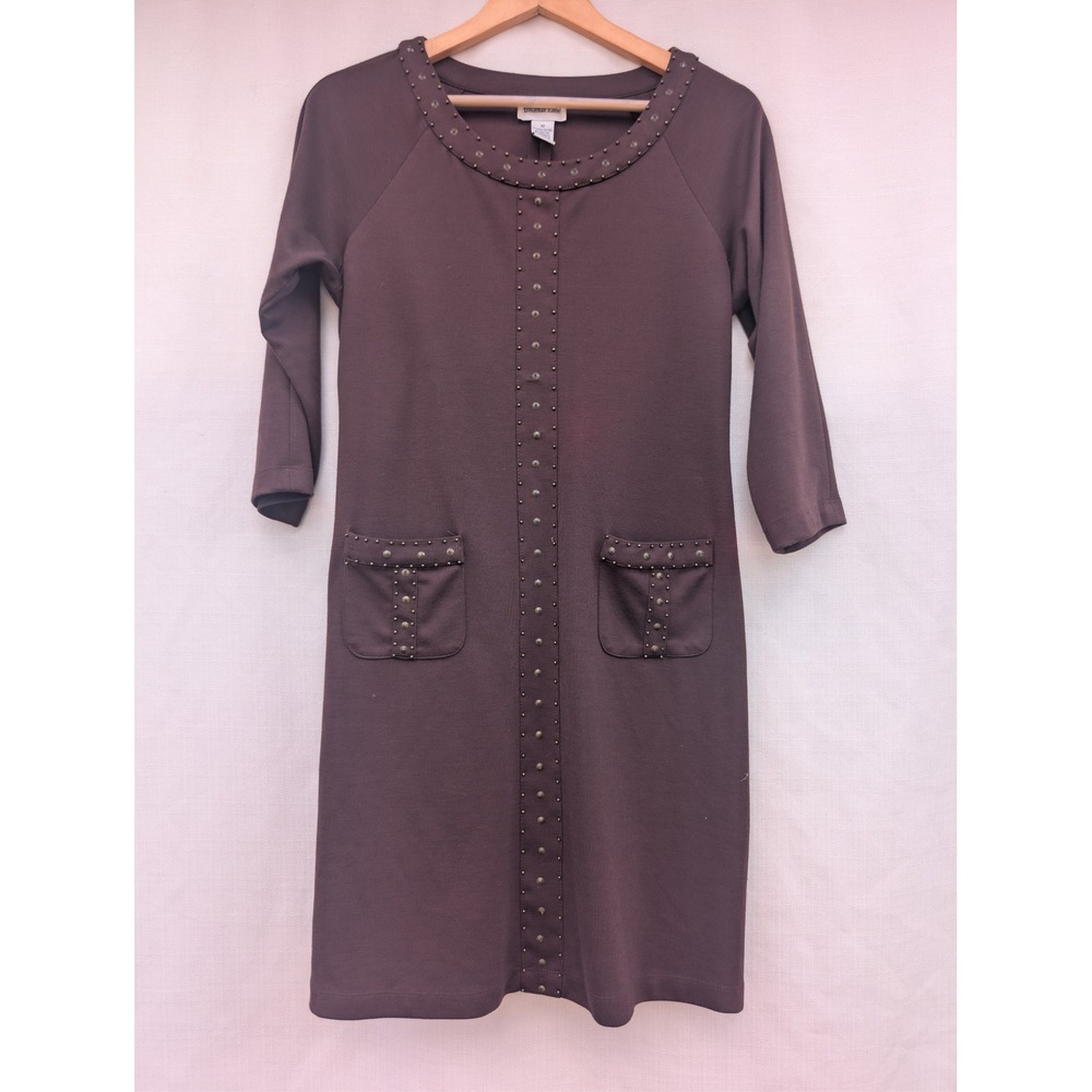 Amanda Lane Studded Shift Dress Womens 10 Brown Poly Blend Office Wear